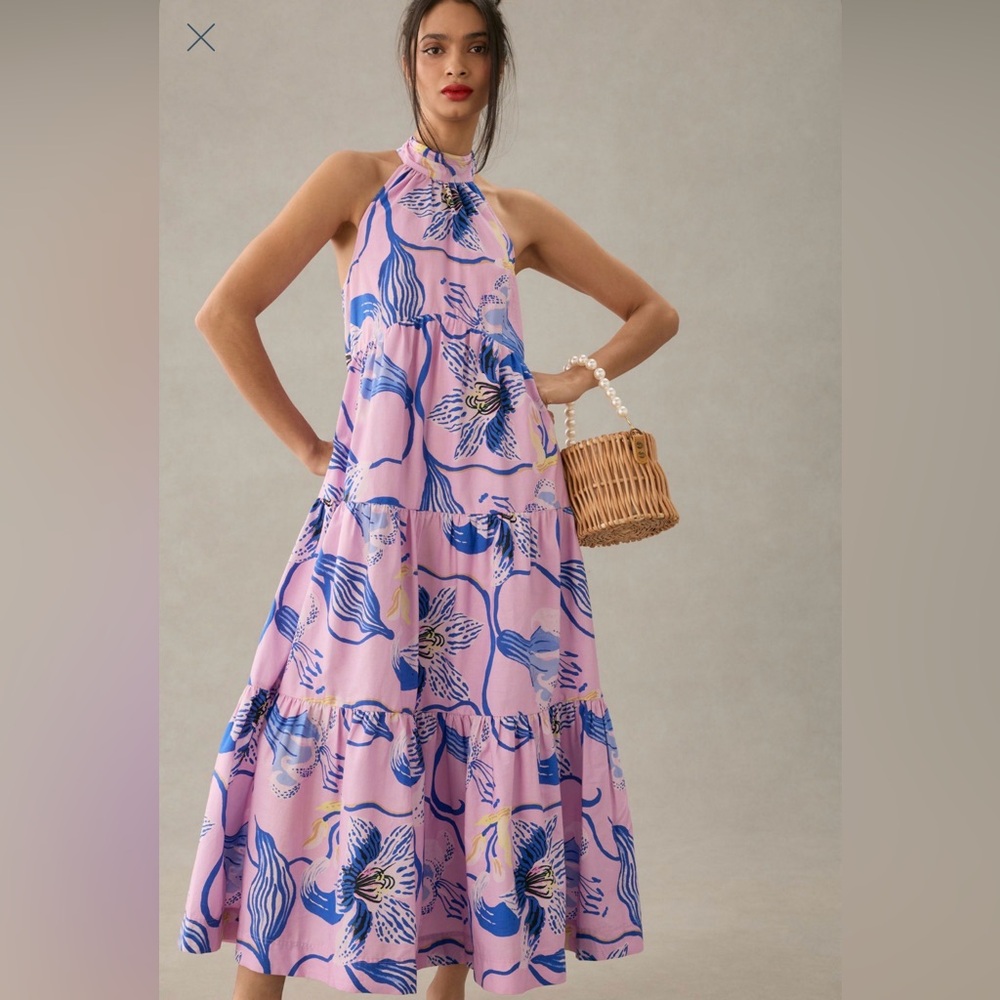 Maeve Pink and Blue Floral Halter Maxi Dress